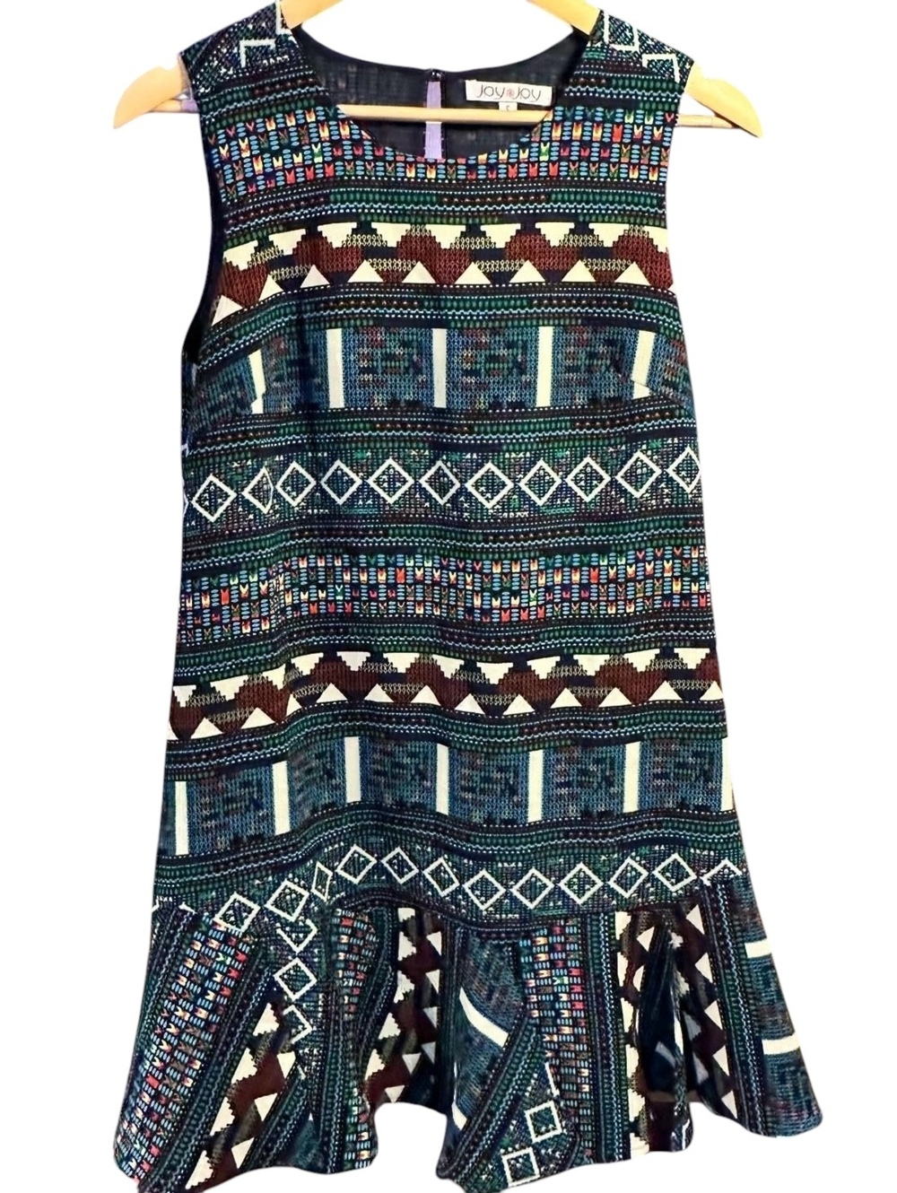 Joy Joy S Geometric Print Shift Dress Drop Waist Flounce Hem Boho Art to Wear